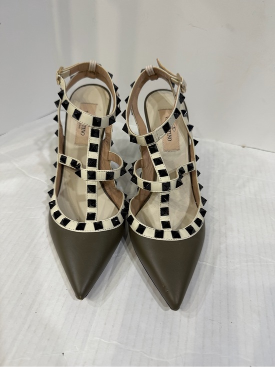 Valentino Garavani Shoes - Valentino Garavani Olive Pointed-Toe T-Strap Rockstud Flats with Ivory Trim 6.5